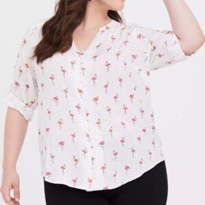 Torrid 2X White Flamingo Print Harper Challis Button Front 3/4 Sleeve Blouse